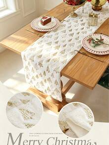 1pc Long Plush Table Runner With Gold Foil Edge & Dense Locked Stitching, Snowflake Christmas Tree & Reindeer Pattern, Suitable For Dining Room, Living Room Tabletop Decor, Holiday Gift & Party Decoration, Multiple Styles Available - White - View 7
