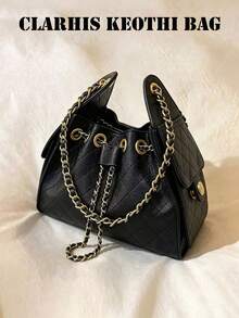 Shoulder Bag, Quilted Body Design, Leather Chain Strap, Adjustable Metal Hardware On Opening. Soft Body Contour, Generous Capacity, Exquisite Style, Versatile For Various Outfits, Perfect For Daily Use. - Black - View 8