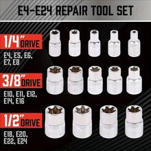 Bộ 14 đầu khẩu E-Torx, đầu khẩu sao Torx ngoài E4-E24 với đầu 1/4" 3/8" 1/2", thép Cr-V mạ chrome, bộ đầu khẩu Torx kèm hộp đựng cho sửa chữa ô tô, bảo dưỡng động cơ, máy móc và dự án DIY - Bộ đầu khẩu 14 món - Xem 2