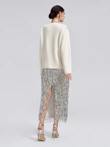 Rich Radi Q's Fashion Women's V-Neck Knit Top, Embellished With Sparkling Rhinestones, Long Sleeve, Unique Wrap Detail, Winter Fashion Outfit Choice - White - View 6