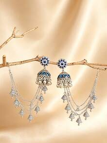 優雅水鑽金色 Jhumka 耳環附流蘇髮鏈，傳統中東大耳環，適合婚禮珠寶或派對穿著 - 花朵款吊墜耳環 - 查看 10