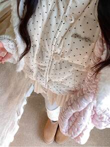 Sweet Polka Dot Knit Patchwork Long Sleeve Padded Coat - White - View 3