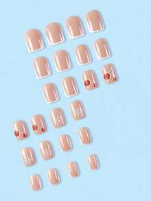 24pcs Short Coffin Shaped Press-On Nails, Snowflake White French Glitter Bell Fake Nails, Includes Jelly Glue And Nail File - Multicolor - View 2