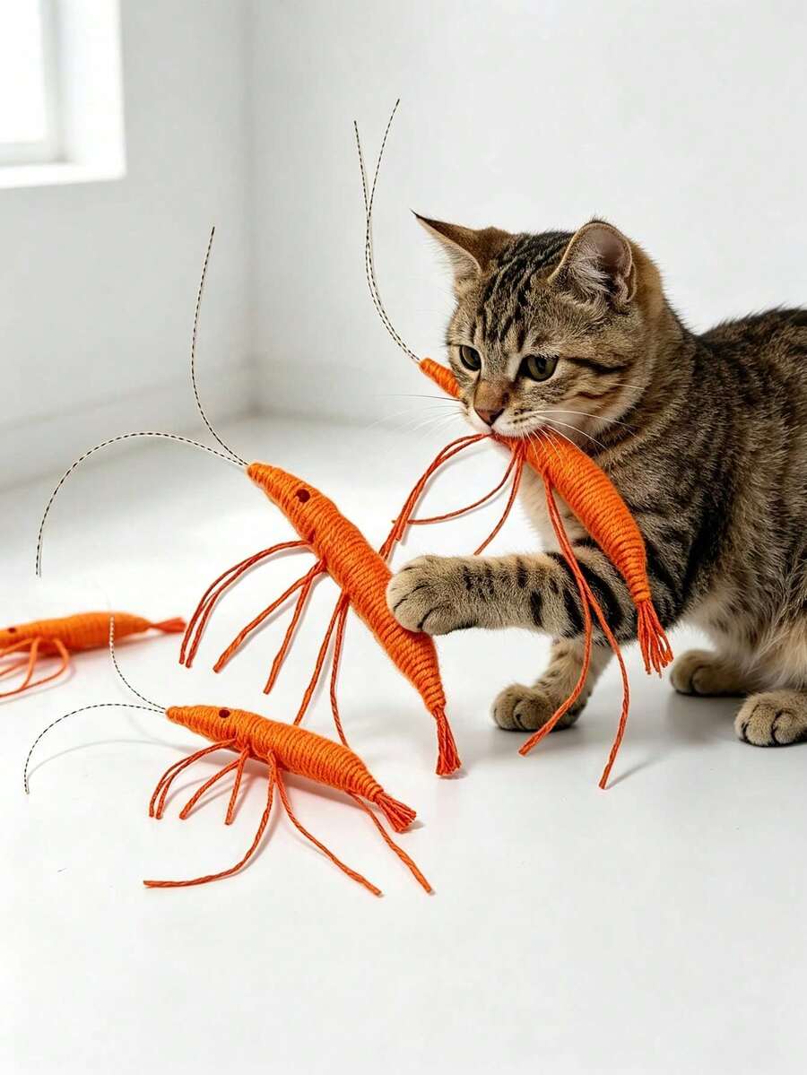 Shrimp-Shaped Cat Toy, Interactive Chew Toy, Cute Indoor Cat Play Toy, Realistic Shrimp Cat Chewing Toy, Interactive Cat Teaser Toy, Fun Cat Intelligence Play Toy - Multicolor - View 1