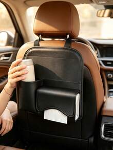 1pc PU Leather Car Seat Back Organizer, Multi‑Pocket Hanging Storage Bag, Built‑In Tissue Box Holder, Practical Auto Interior Accessory For Storing Paper Towels, Water Cups And Small Sundries, Universal Fit For Most Vehicle Models - Multicolor - View 3