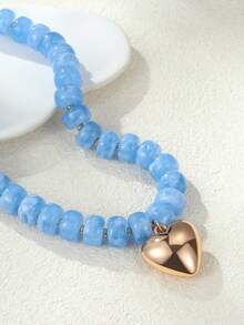 NAIZHU 1pc Bohemian Exaggerated Colorful Resin Beaded Necklace, Gold Heart Pendant Short Necklace - Baby Blue - View 4