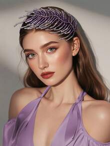 1pc Elegant Purple Bride Hair Hoop Handmade Beaded Fashion Ladies Banquet Prom Party Headdress - Purple - View 2