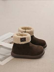 RS Kids Deep Brown Faux Suede Fur Collar Lining Ankle Boots, Side Zipper Round Toe Soft Sole Warm Winter Toddler Boots, Daily Wear - Brown - View 3
