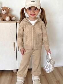 2pcs/Set Pakaian Anak Perempuan Gaya Sekolah Warna Polos: Kardigan Berkerudung Rajut Kabel dan Celana Rajut Warna Polos, Cocok untuk Sekolah, Pakaian Sehari-hari, Kasual, Musim Semi, Musim Gugur, Musim Dingin - Aprikot - View 3