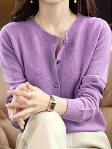 여성용 봄가을 신상 단색 라운드네크 카디건, 패션 심플 루즈 멀티웨어 아우터 - 제비꽃 - 보기 5