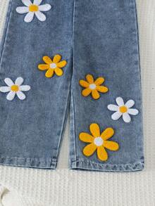 1pc Baby Girl Fresh Mori Style Daisy Applique Bow Design Washed Adjustable Strap Denim Romper Spring Autumn - Blue - View 7