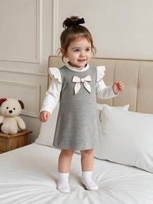 1pc Baby Girl Gentle Minimalist Bow Flutter Sleeve Stand Collar Straight Long Sleeve Dress, Thin For Spring And Autumn - Grey - View 2