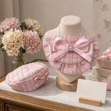 Pet Beret Hat And Bib Set, Suitable For Cats And Small Dogs, Pink And White Tweed Beret Hat With Bow And Rhinestone Details, Adjustable Pet Bib With Large Bow, Birthday Party Photo Props And Daily Wear Accessories - Multicolor - View 8