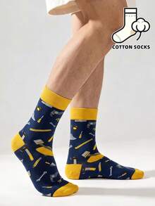 1 Pair Novelty Mechanical Tool Pattern Crew Socks, Navy Blue And Yellow Fashion Socks, Quirky Workwear Aesthetic Socks, All-Over Print Hardware Tool Street Style Mid-Calf Socks - Multicolor - View 2