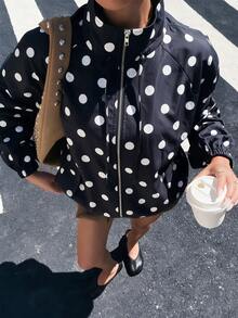 Fashion Drawstring Stand Collar Loose Drop Shoulder Polka Dot Short Jacket - Black - View 1