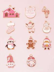 10pcs Random Styles Green/Pink Christmas Day Theme Drip Oil Alloy Charms For DIY Cute Necklace Keychain Gift Box&Festival Party Xmas Tree Ornaments - Christmas Theme - View 4