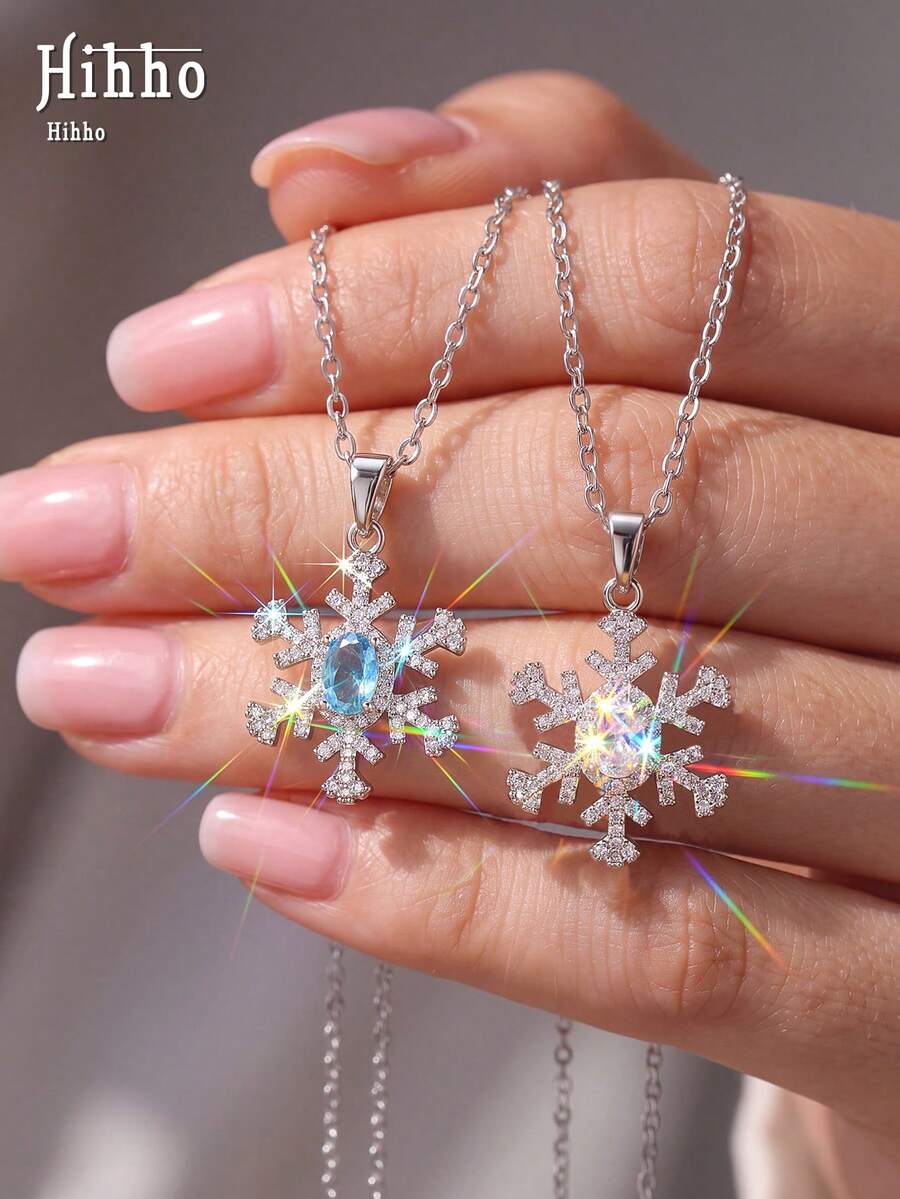 Hihho 1pc Winter Snowflake Necklace, Sparkling Zirconia Inlaid, Exquisite Collarbone Chain, Birthday Gift For Girls - Snowflake - View 1