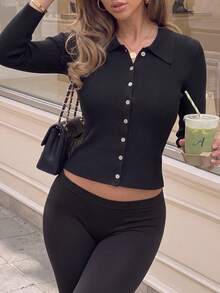Women Fall Clothing Black Collared Button Front Long Sleeve Top, Slim Fit Ribbed Knit Shirt For Daily Office - Black - View 6