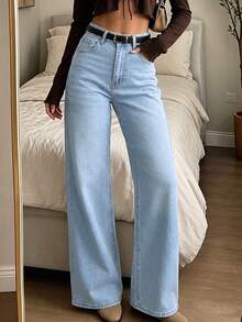 High Waist Washed Stretch Straight Leg Jeans, Casual Comfortable Daily Wear - Light Wash - View 3