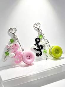 Cute Music Note Keychain, Y2K Button Bag Charm With Clover Star Wing Pendant, Aesthetic Handmade Key Ring For Backpack Purse Decor - Multicolor - View 3