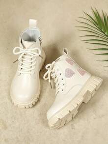 Shu Rui Girls Cute Glitter Heart Decor Boots, Solid Color Minimalist Ankle Boots, Indoor/Outdoor Daily Versatile Casual Boots - Beige - View 3