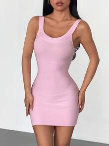 Women's Elegant Solid Color Spaghetti Strap Knit Dress - Pink - View 2