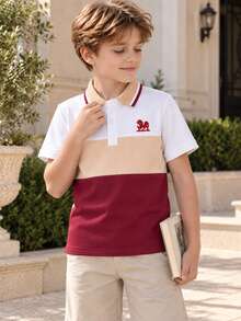 3pcs/Set Boys Multicolor Embroidered Short Sleeve Polo Shirts, Contrast Striped Collar Preppy Style Tops, Suitable For Back To School And Daily Wear - Burgundy - View 2