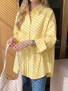 Plus Size Women Asymmetrical/Asymmetrical Blouse Casual Office Wear Spring Summer Autumn Long Sleeve Shirt - Light Yellow - View 7