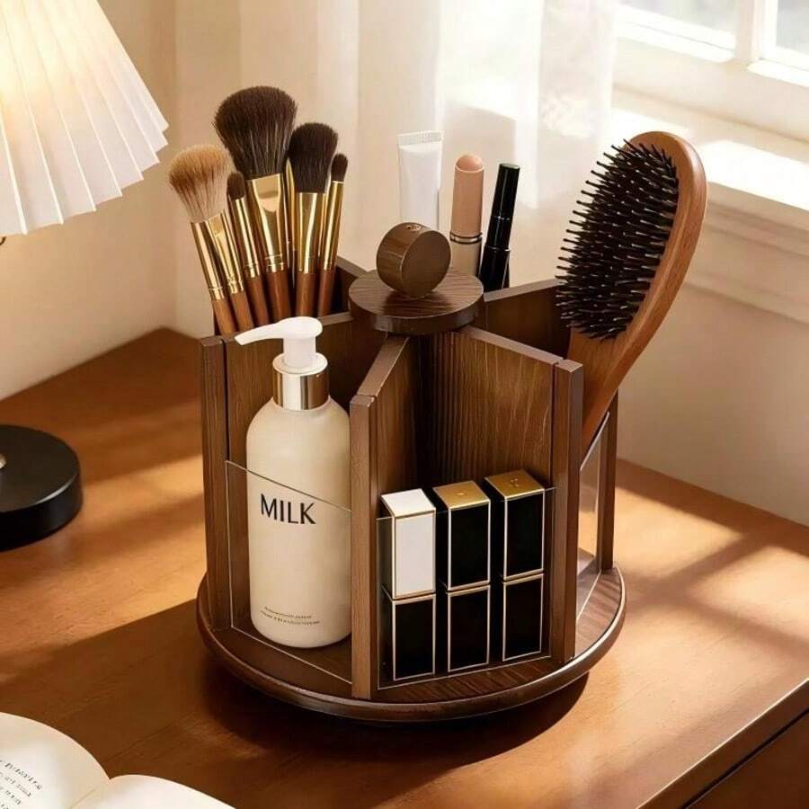 1PC Rotating Cosmetics Storage Box, Countertop Skincare Product Storage Rack, Divided Beauty Storage Rack, Suitable For Bedroom Dressing Table, Bathroom Countertop, Makeup Room Desktop Lipstick Skincare Product Sorting Box. - Multicolor - View 1