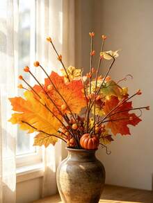 1/4/8pcs Artificial Pumpkin Maple Leaf Berry Branch, Handmade Twisted Autumn Harvest Floral Stem, DIY Vase Wreath Accessory, Suitable For Thanksgiving Halloween Autumn Home Table Party Decoration - Multicolor - View 11