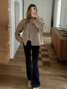 Autumn/Winter New Minimalist Oatmeal Color Short Overcoat, Loose Collarless Design, Commuter Outfit Versatile Top, Women's Jacket - Oatmeal - View 4