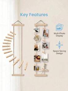 1 Set Wooden Photo Wall Hanging Rack, Includes Hanging Rope And Clips, Multi-Photo Display Stand, Photo Wall Frame Collage, No Drilling Required, Space-Saving, Suitable For Dorms, Bedrooms, Desktops And Wall Decoration - A - View 9