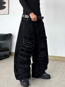 Hearty Haven 1pc Men's Distressed Denim Jeans Loose Beaded Patchwork Wide Leg Pants Casual All Season Comfortable Long Pants - No Belt And Accessories - Black - View 8