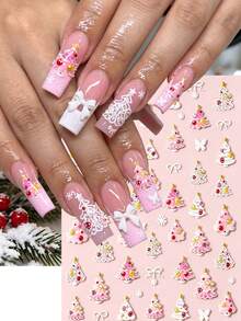 1pc 5D Christmas Nail Stickers Kawaii Embossed Pink And White Gradient Christmas Tree/Snowflake Bow Nail Decals,DIY Winter Xmas Manicure Decor - Multicolor - View 3