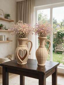Heart-Shaped Hollow Pattern Woven Texture Vase Decor, Bohemian Farmhouse Style Decorative Vase For Dried Flowers, Rustic Desktop Ornament, Housewarming Gift - 1PC - View 1