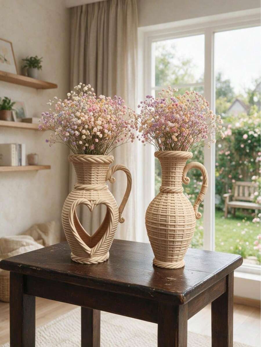 Heart-Shaped Hollow Pattern Woven Texture Vase Decor, Bohemian Farmhouse Style Decorative Vase For Dried Flowers, Rustic Desktop Ornament, Housewarming Gift - 1PC - View 1