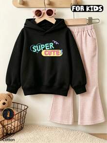 Girls Super Cute Letter & Heart Print Hooded Sweatshirt, Long Sleeve Casual Pullover Sweatshirt - Black - View 1
