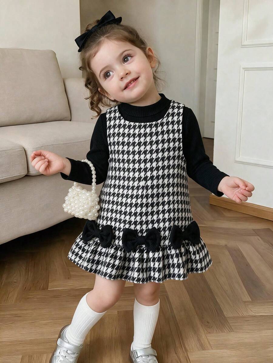 2pcs Baby Girl Classic Elegant Solid Color Small Stand Collar Long Sleeve Base Layer & Houndstooth Bow Hem Tank Dress Set, Spring/Autumn - Black - View 1