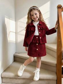 2pcs Girls Vintage Sweet Style Corduroy Short Jacket With Lapel And Frill Trim, Paired With High Waist Ruffle Button A-Line Skirt Set, Spring/Autumn - Burgundy - View 1
