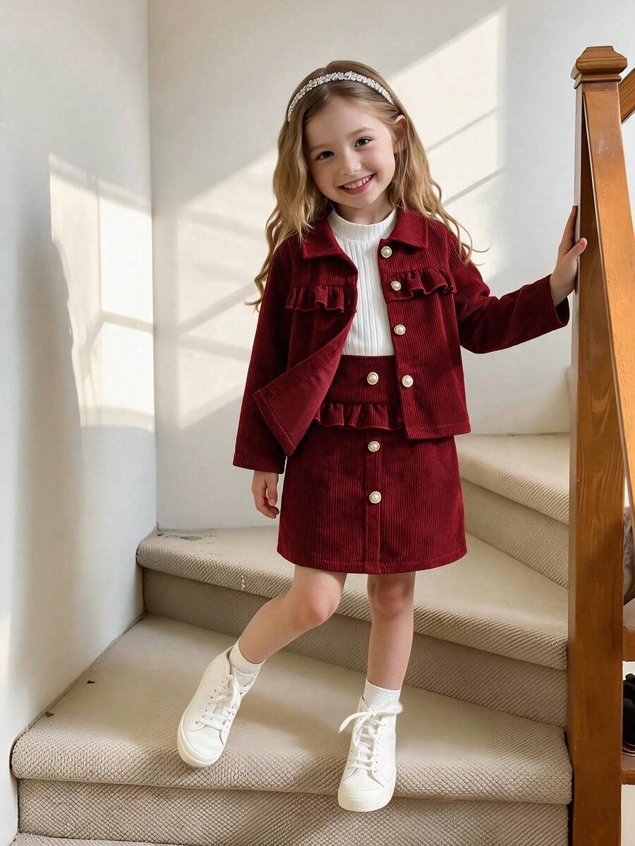 2pcs Girls Vintage Sweet Style Corduroy Short Jacket With Lapel And Frill Trim, Paired With High Waist Ruffle Button A-Line Skirt Set, Spring/Autumn - Burgundy - View 1