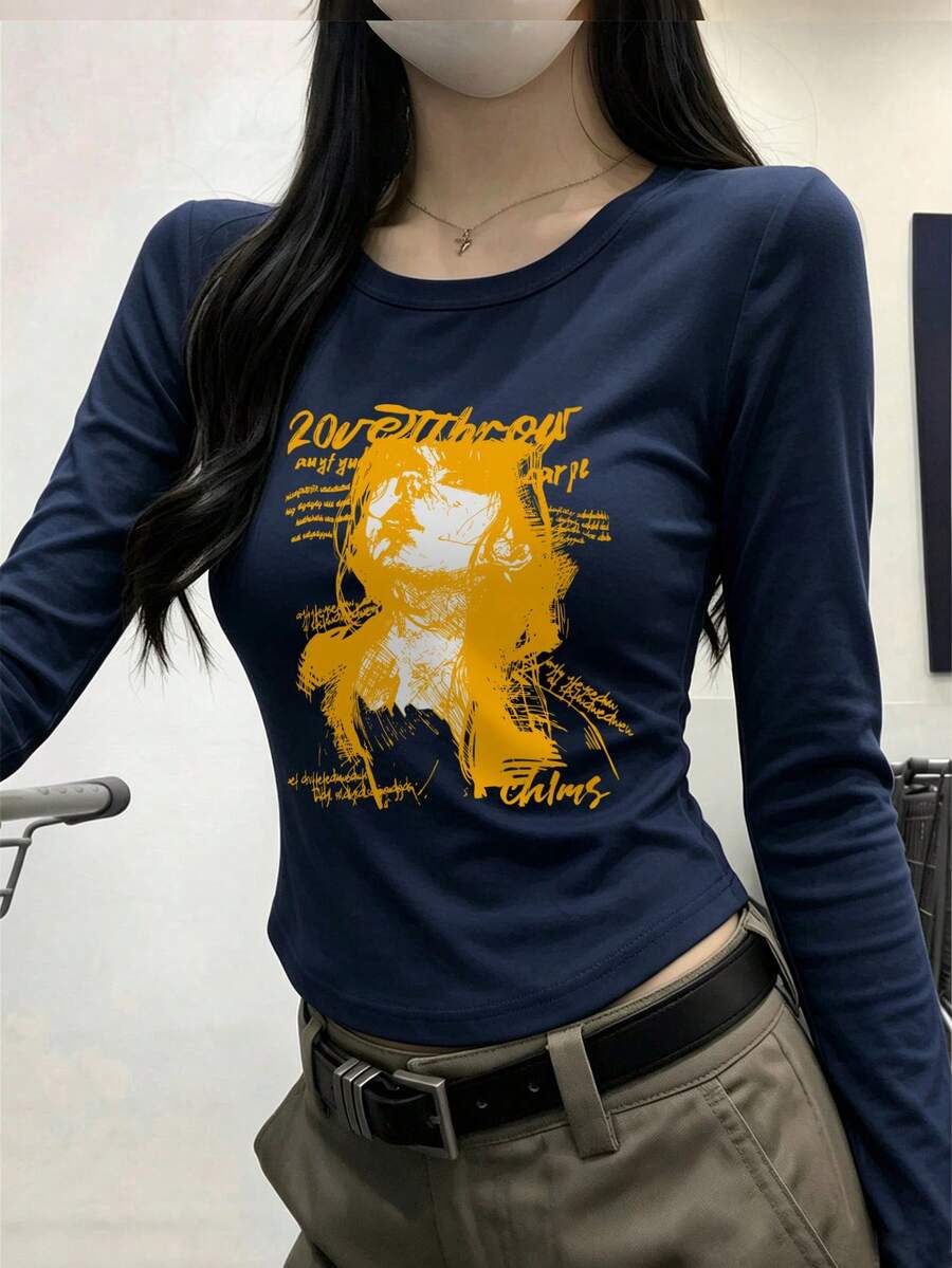 女款圓領長袖T恤,春秋新款動漫人像與字母印花,美式時尚修身百搭短版上衣 - 藏青 - 查看 1