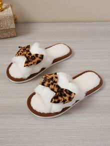 Girl Style Leopard Print Bow Plush Open Toe Fuzzy Slippers For Indoor Home Use - Brown - View 3