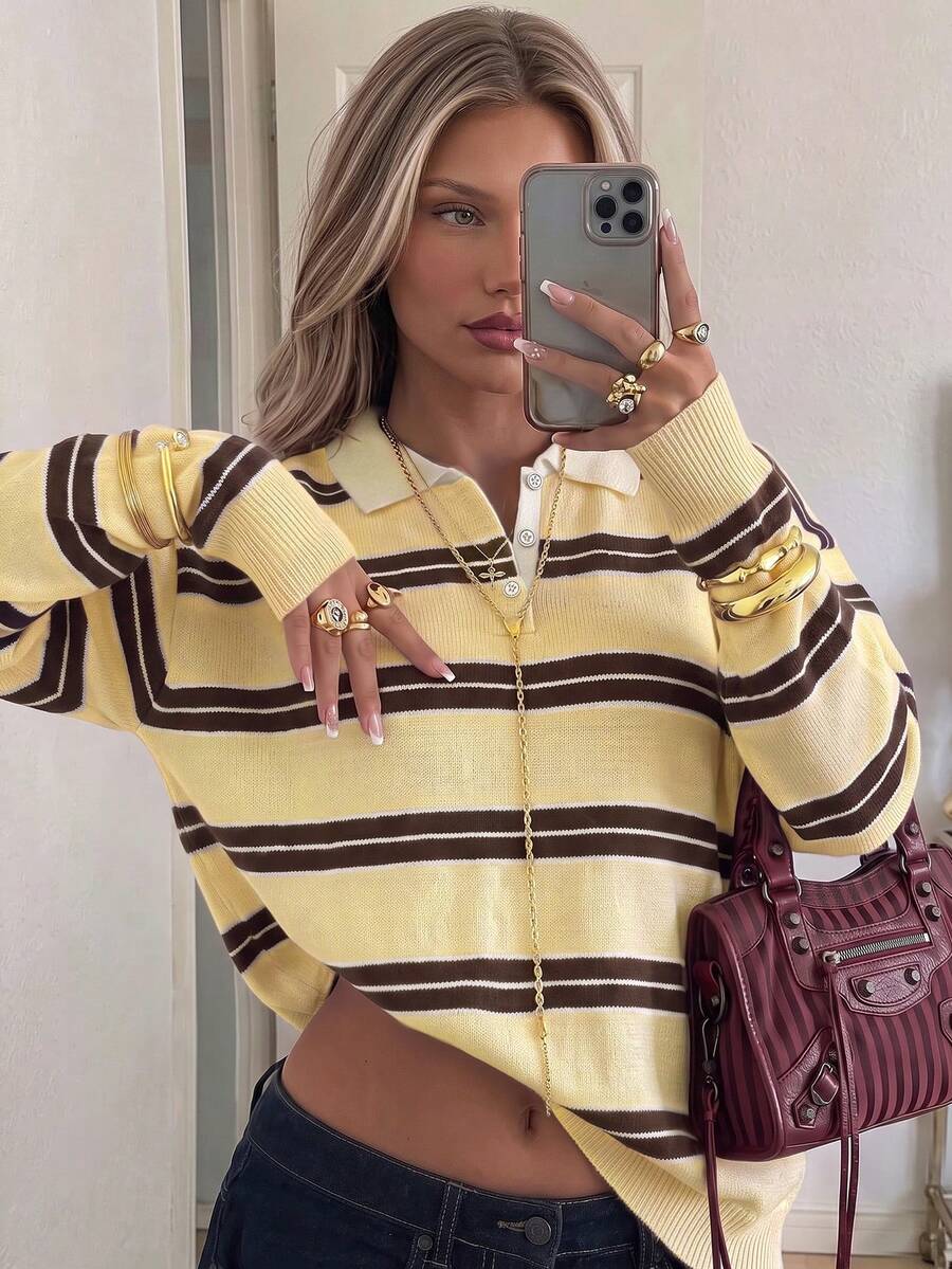 Women's Oversized Striped Polo Collar Casual Loose Fit American Preppy Style Autumn Knit Pullover - Yellow - View 1