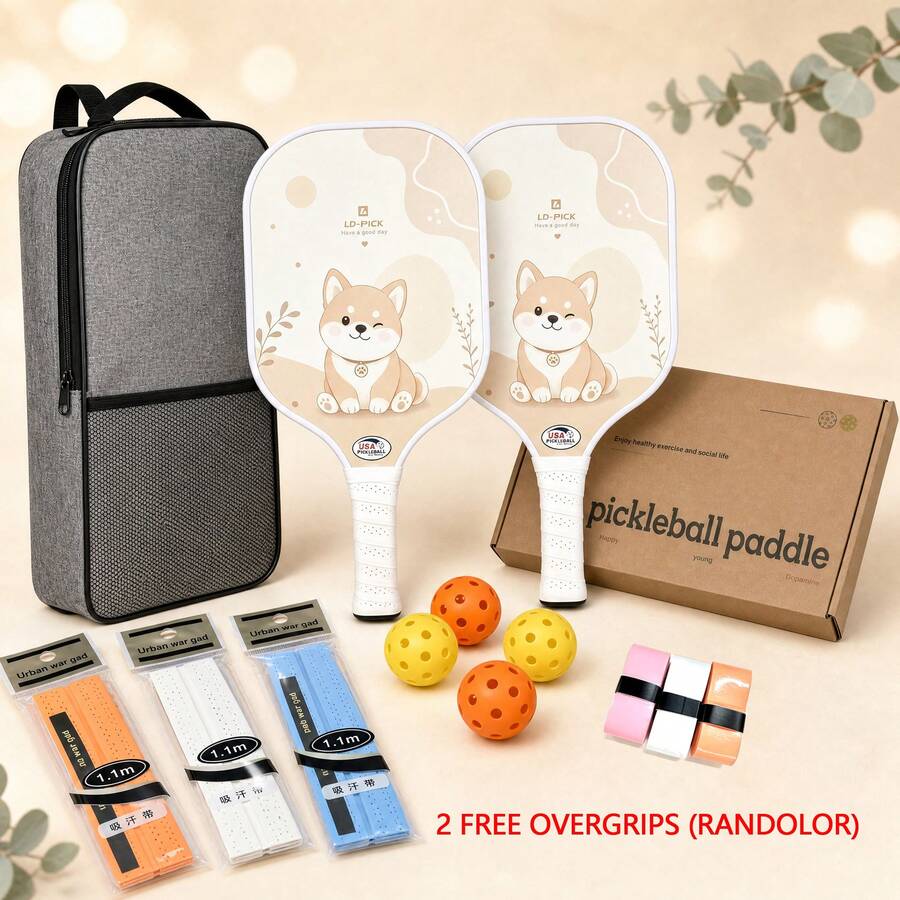 Cute Dog Pattern Fiberglass Pickleball Paddles Set,2 Paddles+4 Balls+2 Overgrips+Carry Bag,Lightweight Pickleball Racket Kit For Beginners Men Women Outdoor Sports