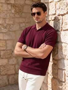 ALTZTAR Men's Turn-Down Collar Short Sleeve Knit Top - Burgundy - View 2
