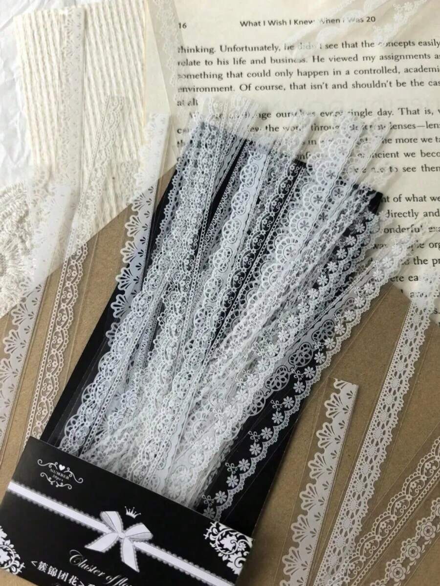 1 Pack 30 Sheets PET White Lace Strip Collage Decorative Journal Retro Flower Decorative Stickers - One Size - View 1
