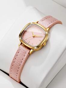 Women's Fresh Petite Thin PU Strap Quartz Watch, Minimalist Square Dial With Markings, Small Face, Suitable For Girls And Students For Daily Wear, Gift Watch (1pc/Set) Watch Box Not Included - Pink - View 1