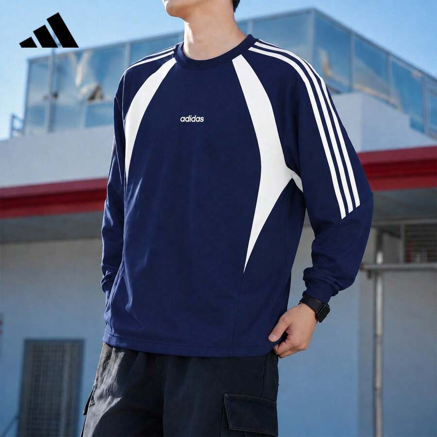 Adidas 2026 新款拼色圓領套頭運動休閒衛衣 三條紋 KX7629 - 藍白色 - 查看 1