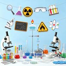 Science Lab Theme Banner Flags, 10pcs Cartoon Lab Cutout Banners, Beaker, Radiation Symbol, Safety Goggles, Microscope, Atom, Flame, Warning Sign, Suitable For Scientist Birthday Party, Classroom Decoration, Party Props, Party Favors - Multicolor-a - View 5