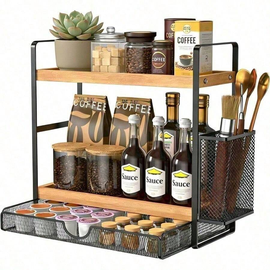 Tier Spice Rack Organizer Countertop With Drawer And Basket, Suitable Coffee Organizer, Kitchen Counter Storage, Bathroom Storage - Brown - View 1